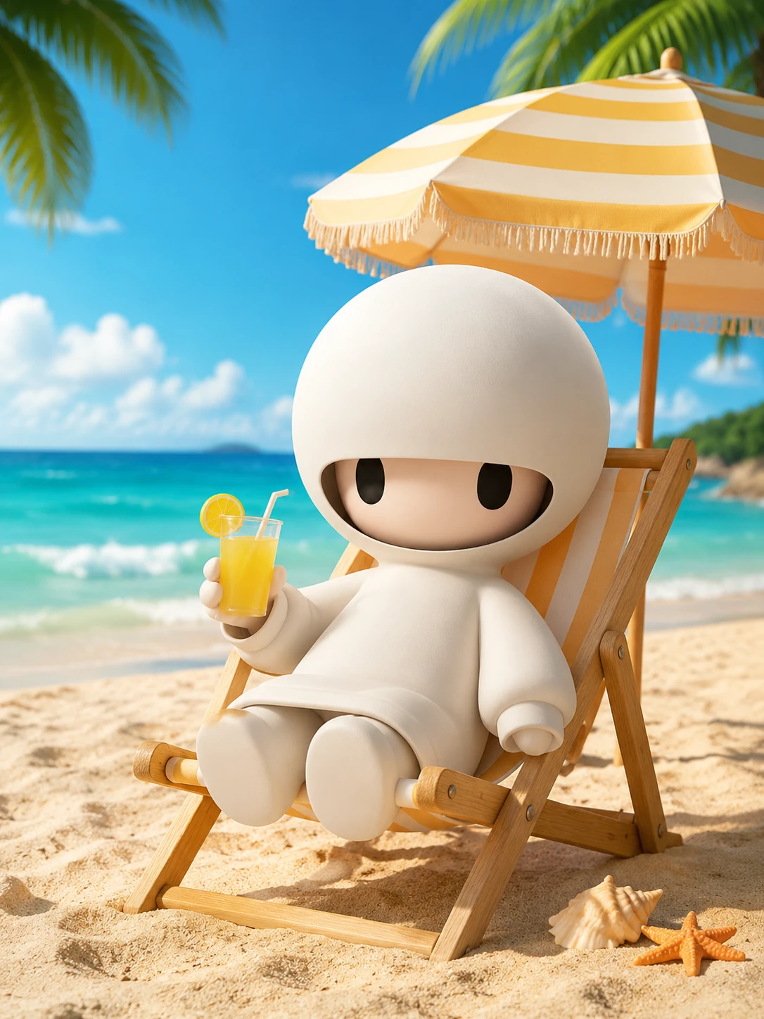Pupazzo di peluche che si rilassa su una sedia da spiaggia tropicale