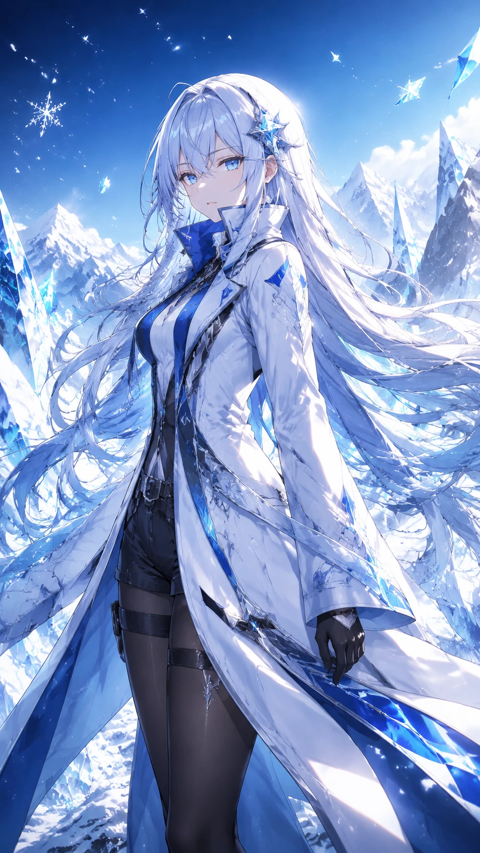銀藍長髮的動漫少女站在雪山上