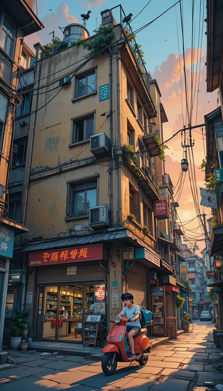 Anime city alley with weathered corner apartment building
