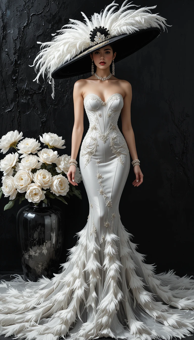 Mulher elegante em vestido sereia branco com chapéu de plumas