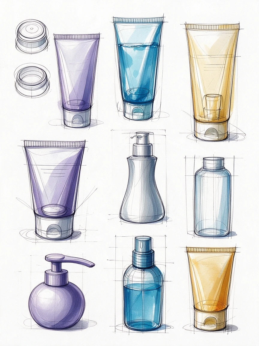 Croquis industriel d’emballages cosmétiques sur fond blanc