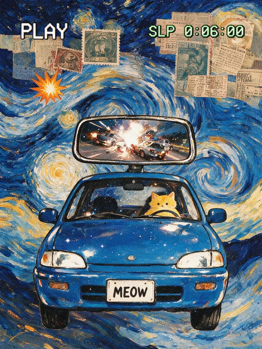 夜晚駕駛藍色汽車的可愛動漫貓咪