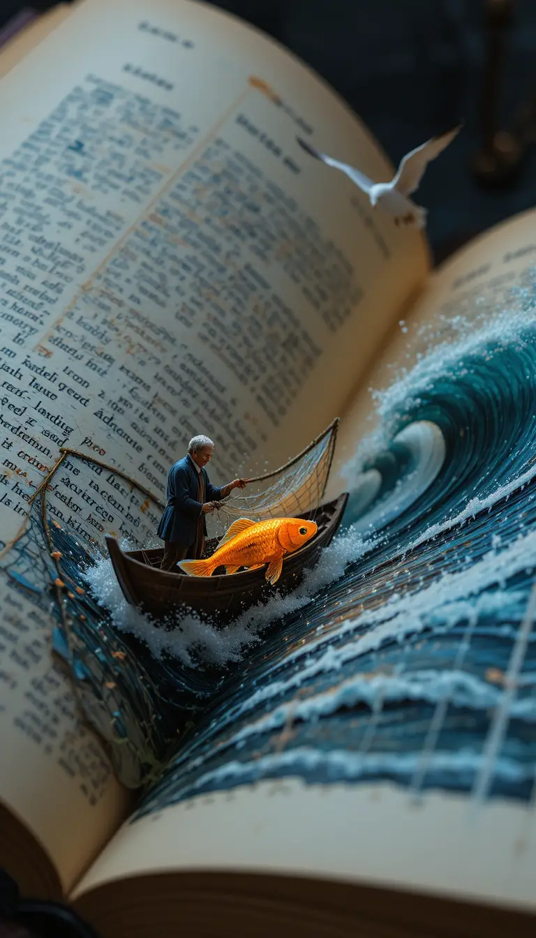 Pagine di un vecchio libro che si aprono su un mare in tempesta surreale