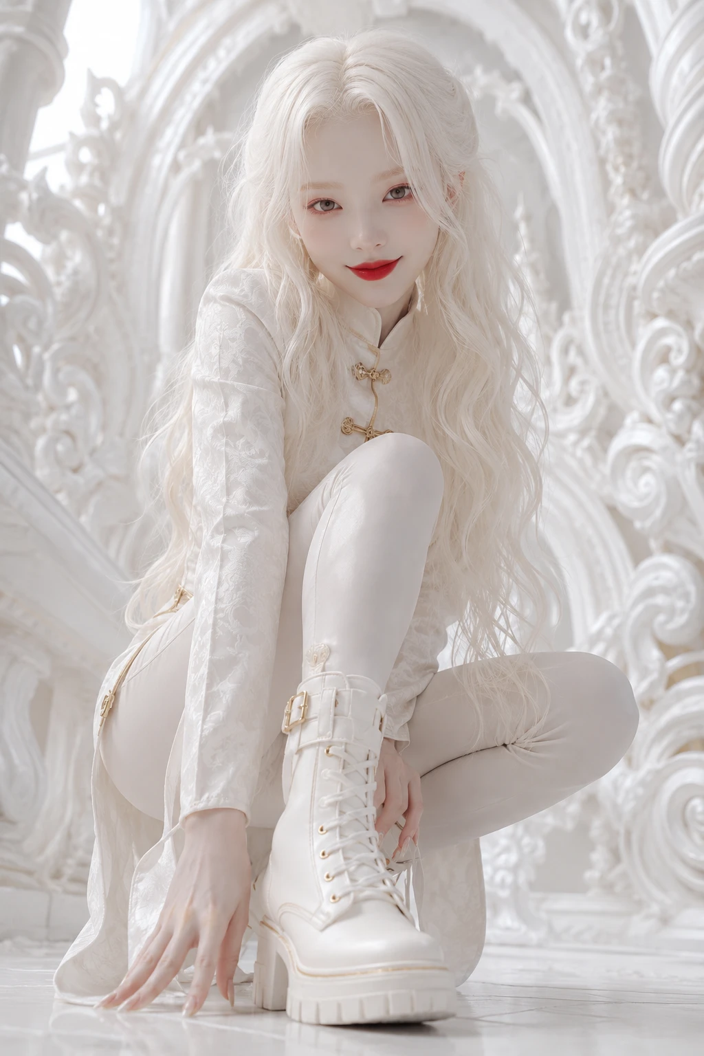 흰색 만다린 스타일 의상을 입은 백색증 여성의 로우 앵글 샷
