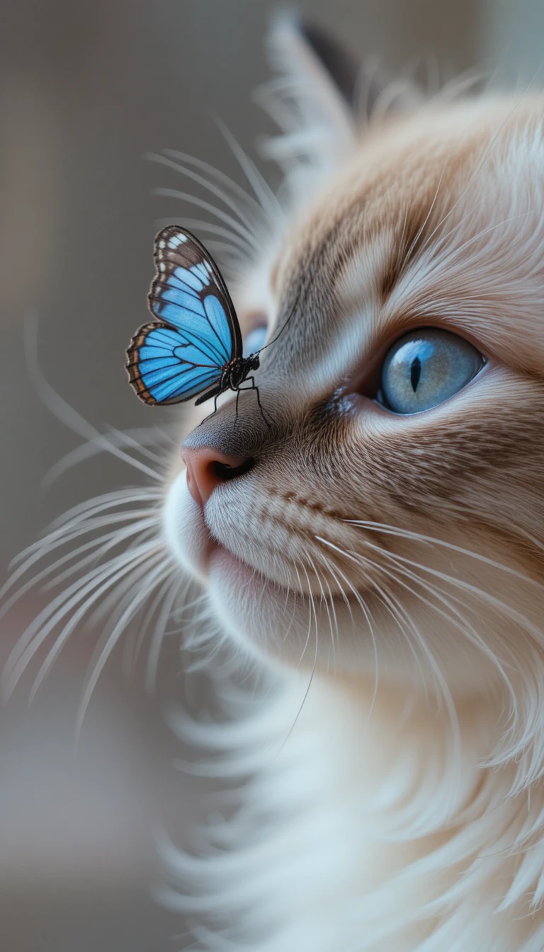 Papillon reposant sur le nez d’un chaton siamois duveteux