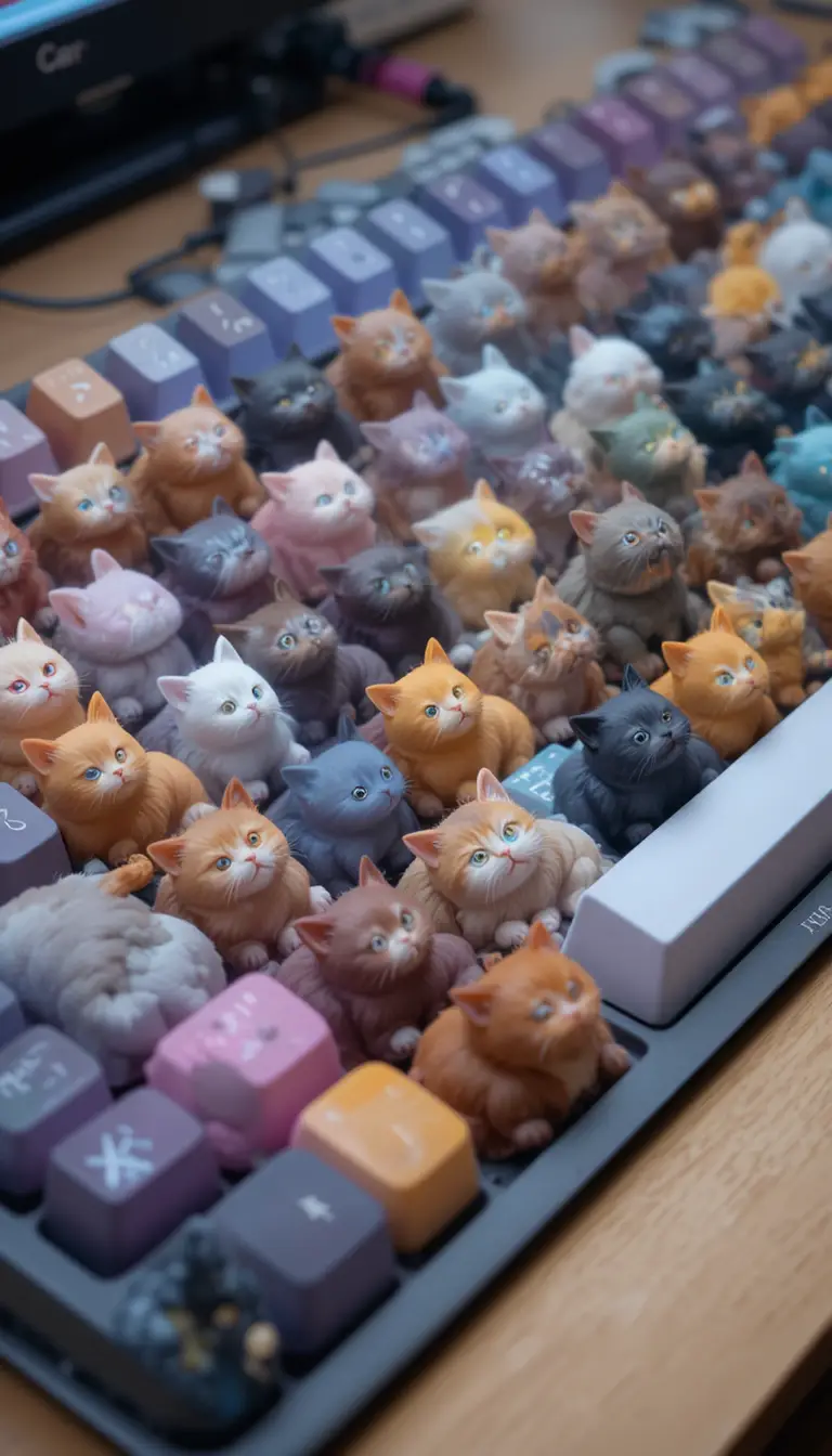 Bunte Chibi-Katzen-Tasten auf einer verspielten Computertastatur