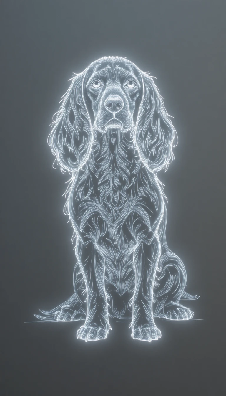 Desenho em linha neon de um spaniel russo em fundo cinza
