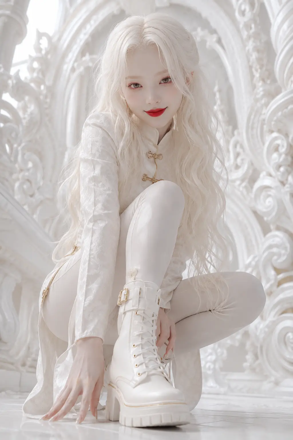 低角度拍攝穿白色中式服裝的白化症女子