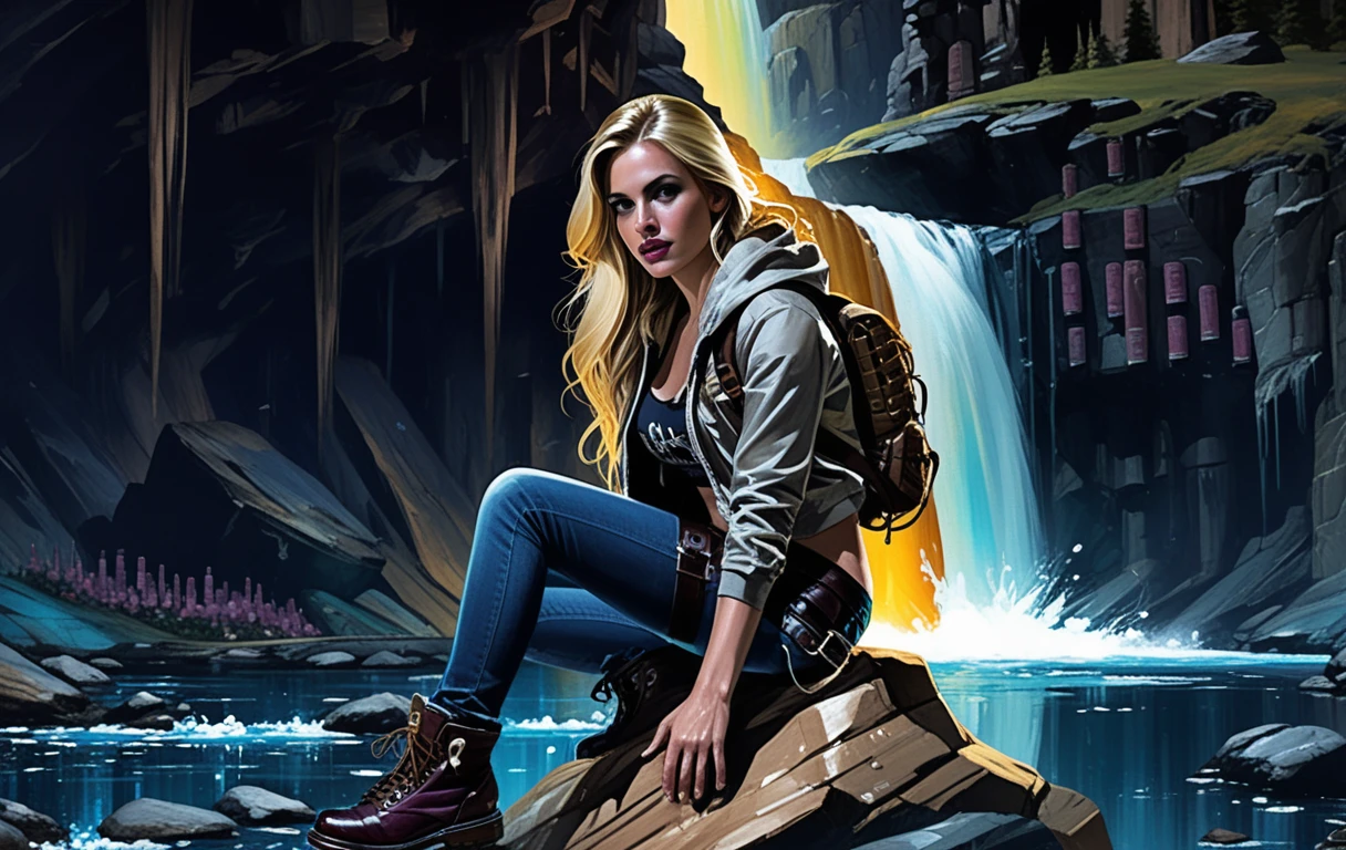Blonde sportliche Frau ruht auf einem Felsen an einem Waldwasserfall