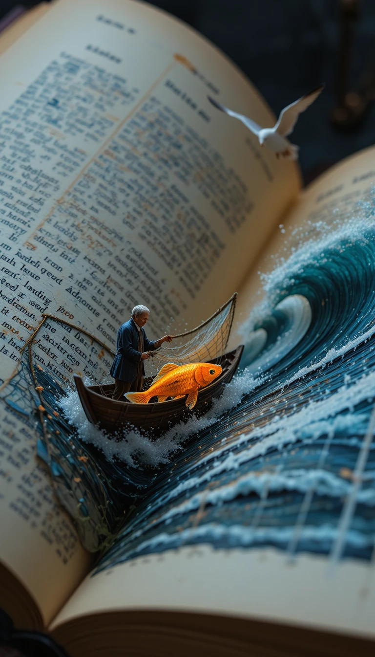 Old book pages opening into a surreal stormy seascape
