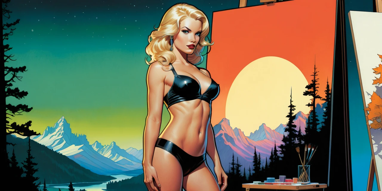 Artiste blonde peignant un paysage paisible dans un studio néon