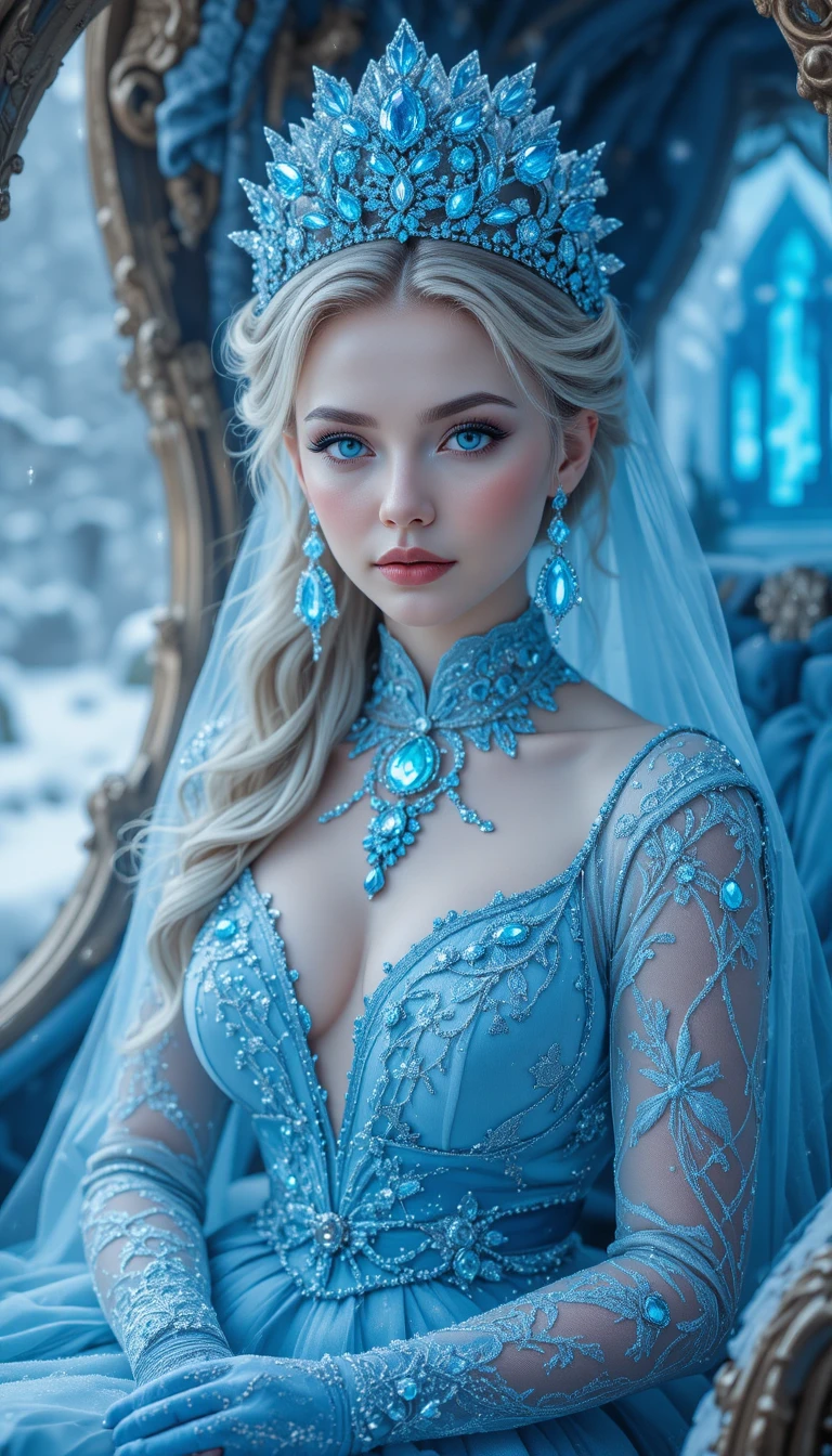 Reine des glaces en robe de diamants bleus dans un carrosse de neige