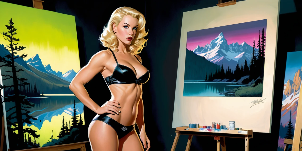 Confident artist painting a tranquil landscape in neon studio