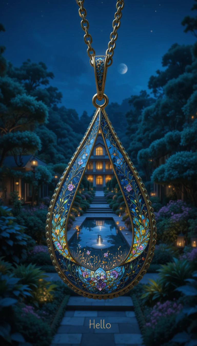Pendente in oro con scena notturna di giardino in vista isometrica