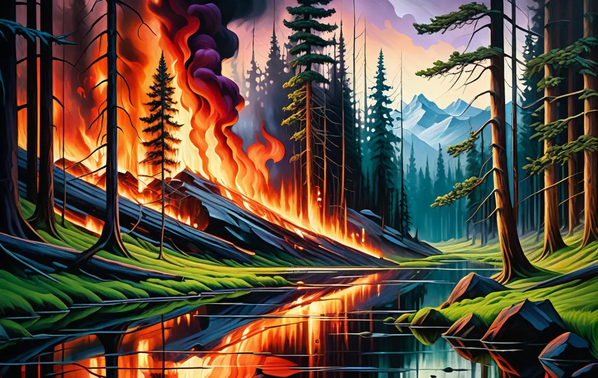 Incendio en bosque de cuento de hadas oscuro sobre el paisaje del noroeste de Montana