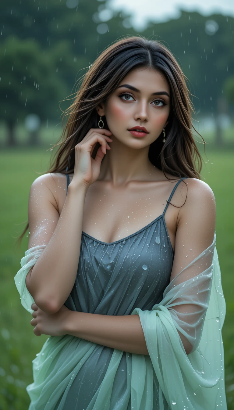 South Asian woman in rain wearing sheer mint saree
