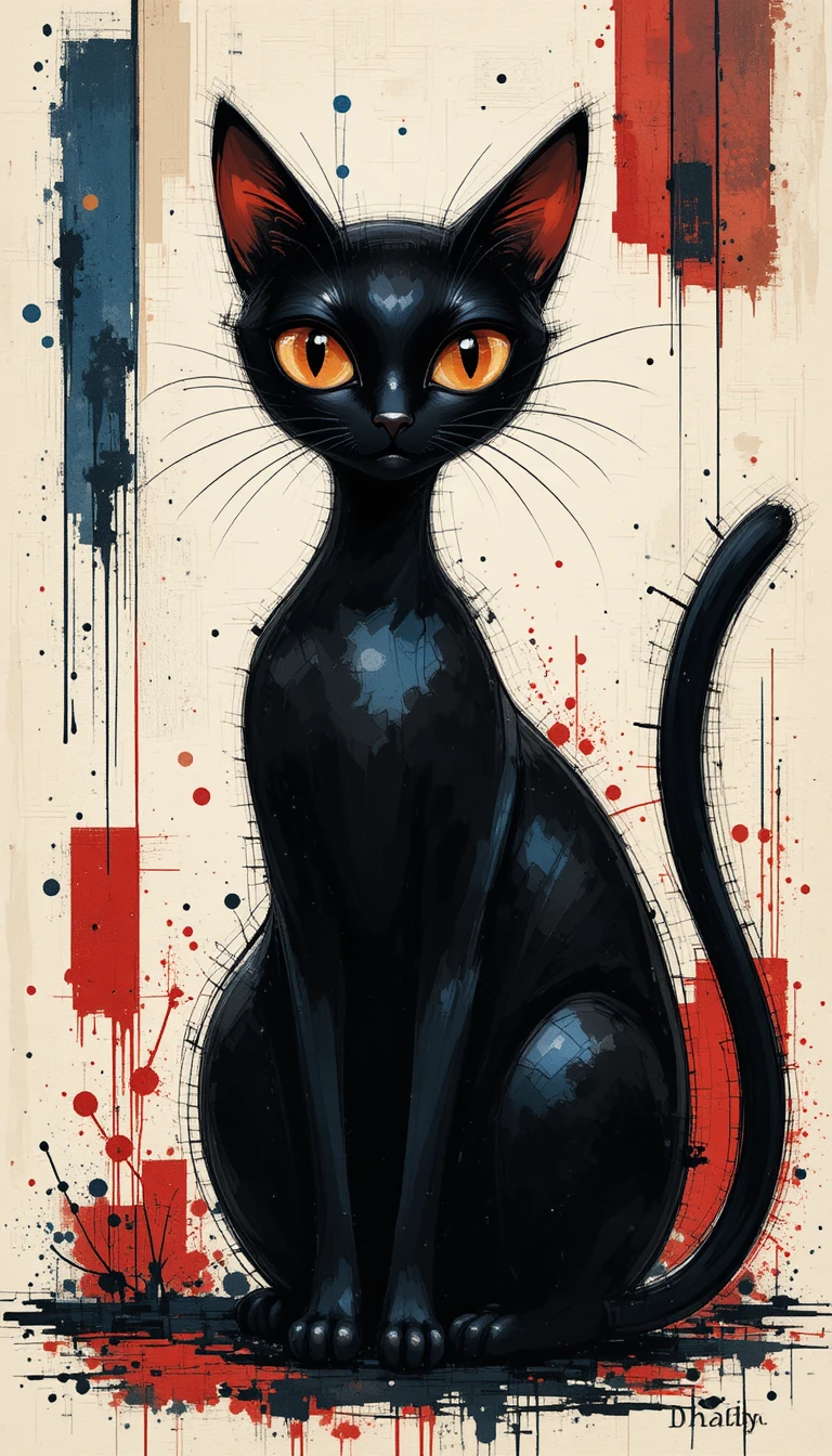 Illustrazione di gatto nero stilizzato su sfondo geometrico astratto