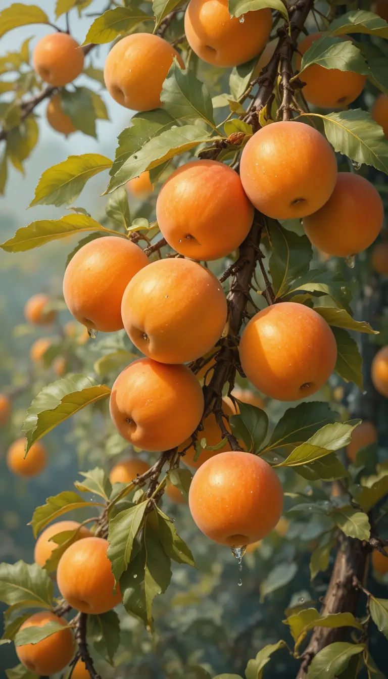 Ripe golden apricots hanging on sunlit branches with dew
