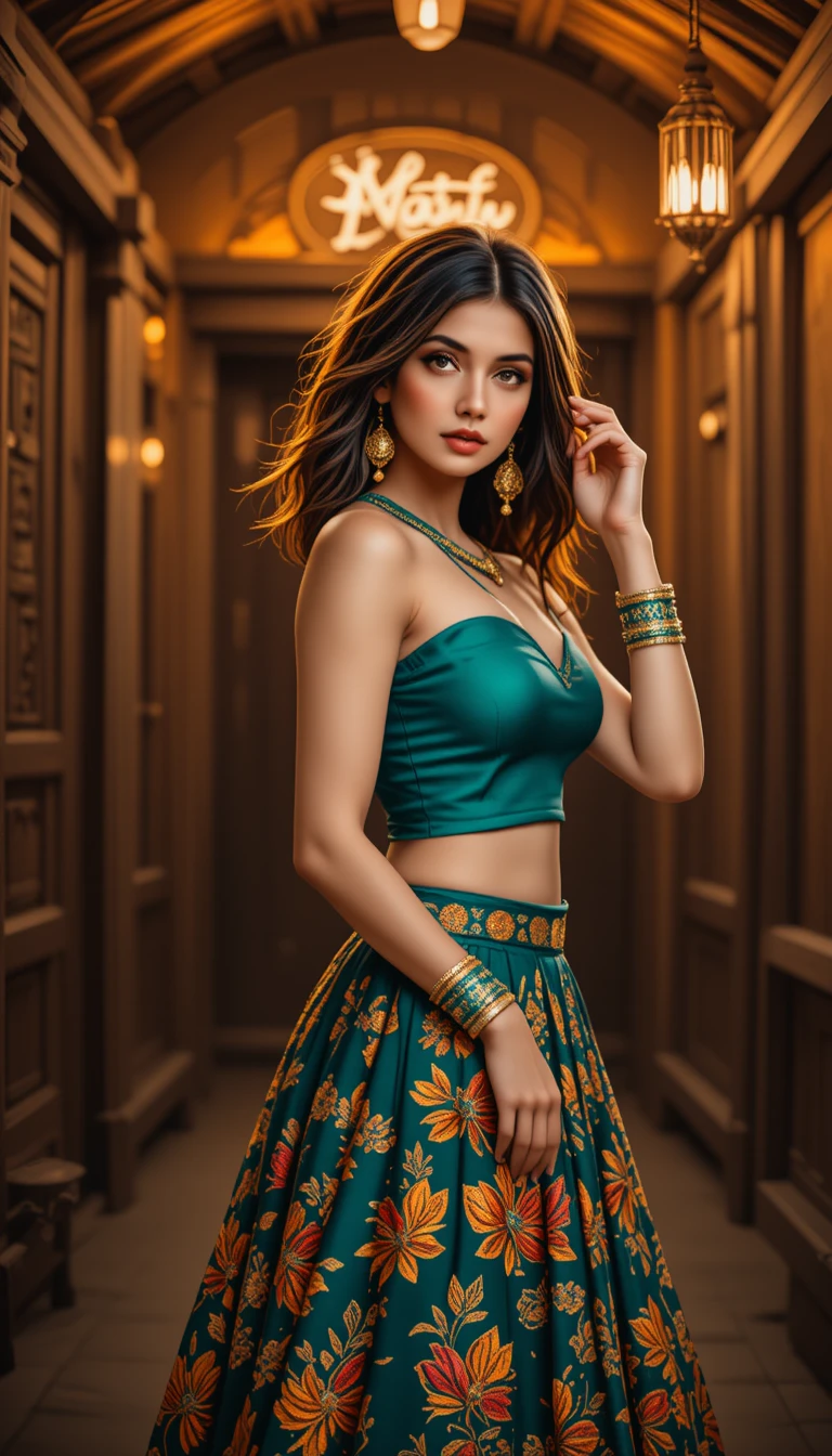 Retrato de menina sul-asiática confiante em lehenga verde