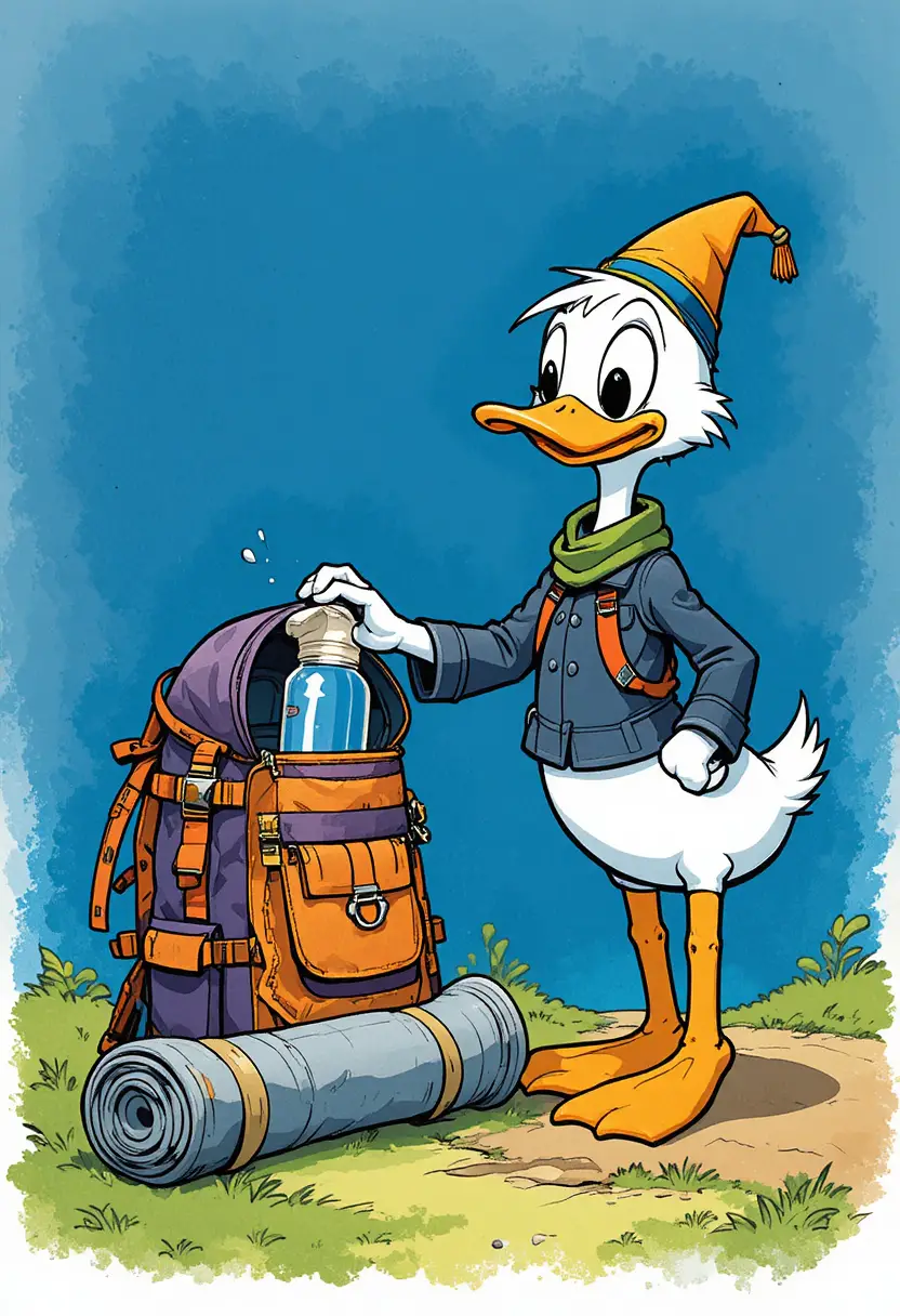 Cartoon duck packing a colorful hiking backpack