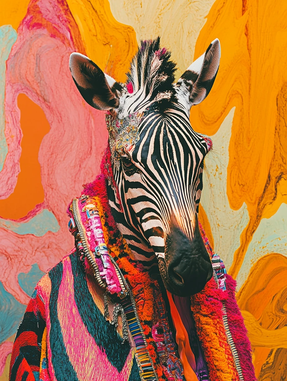 Retrato surreal de zebra com listras como zíper em estilo de filme