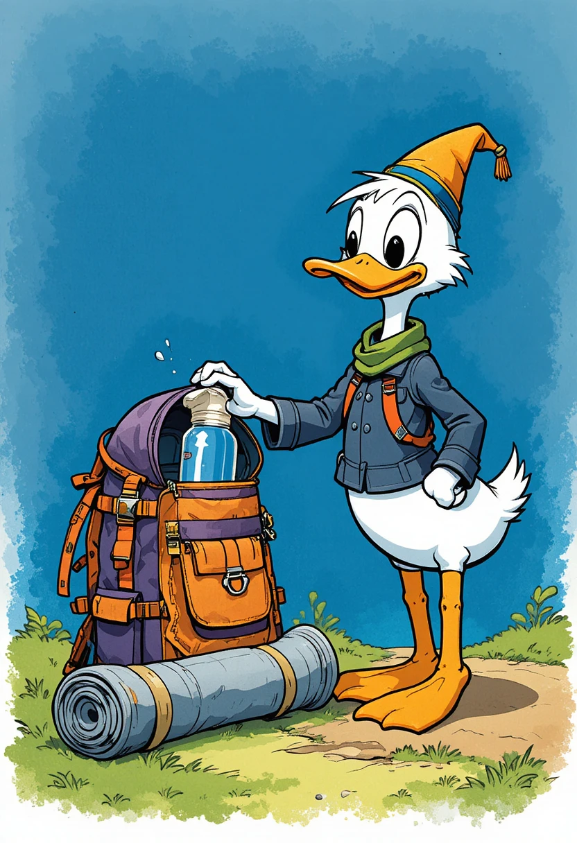 Cartoon-Ente packt einen bunten Wanderrucksack