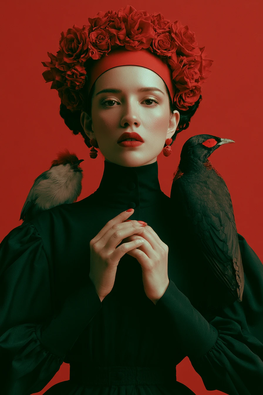 Close-up surreal de uma mulher melancólica em cores vibrantes