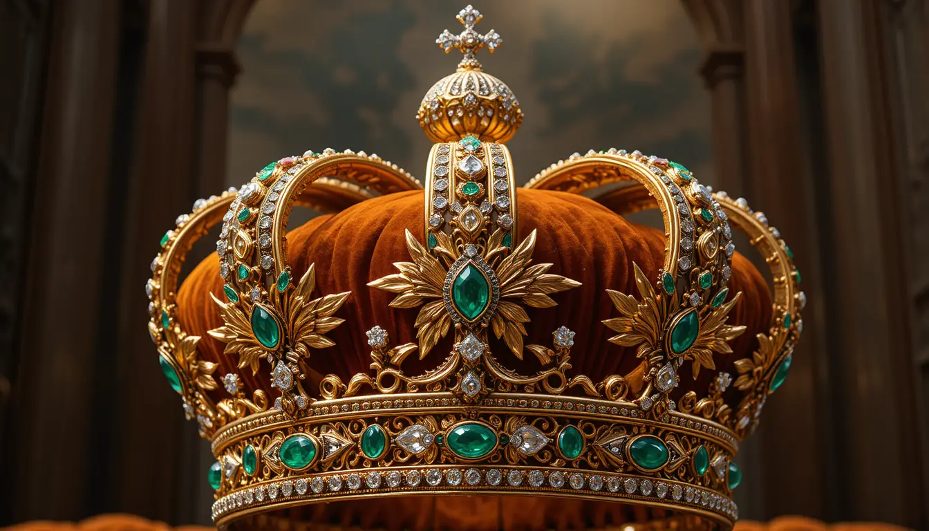 Couronne royale dorée avec diamants et émeraudes