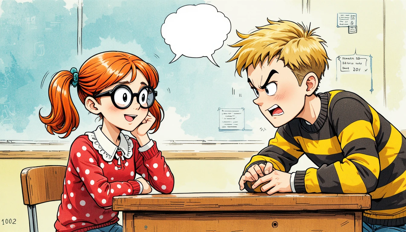 Affrontement comique en classe entre une fille souriante et un garçon en colère