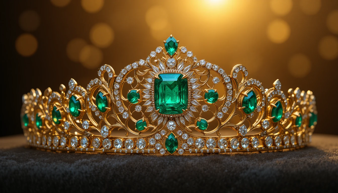 Nahaufnahme einer goldenen Tiara mit Diamanten und Smaragden