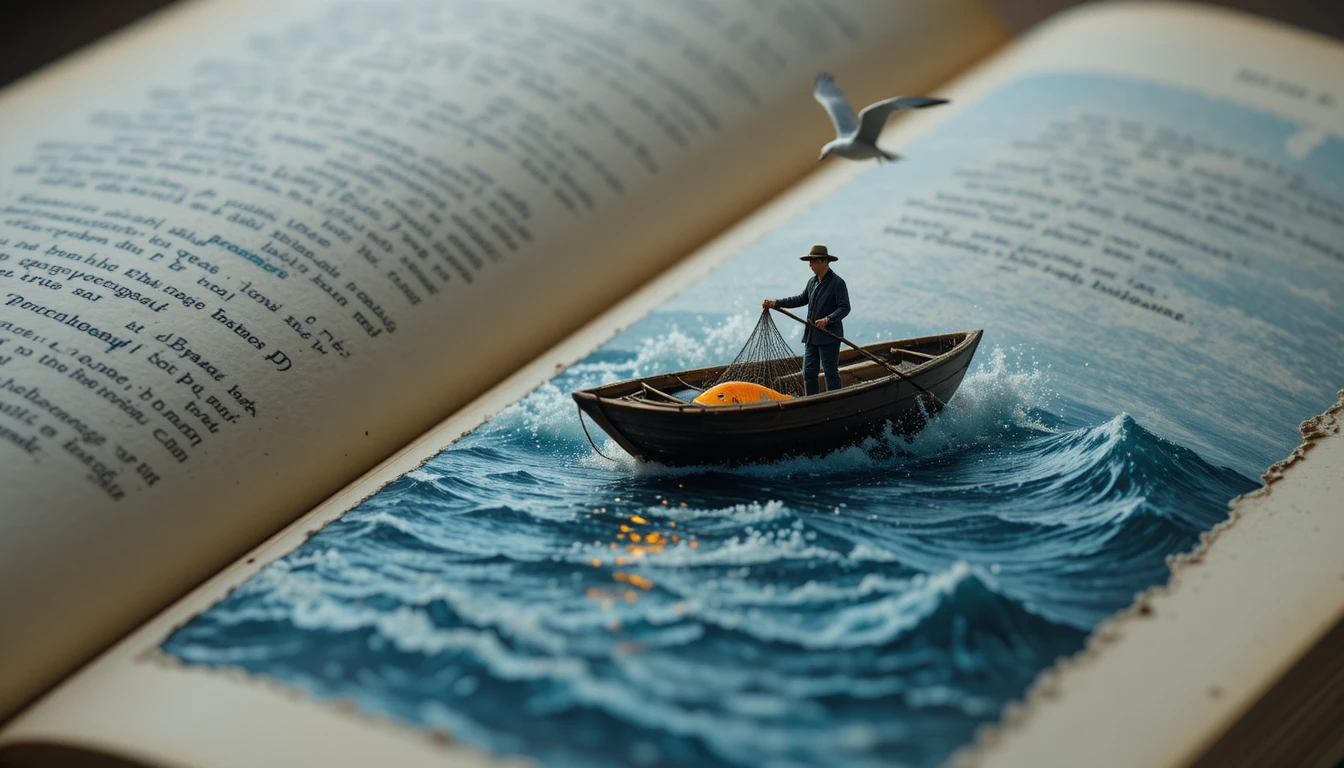 Macro view of an old book opening into a surreal sea