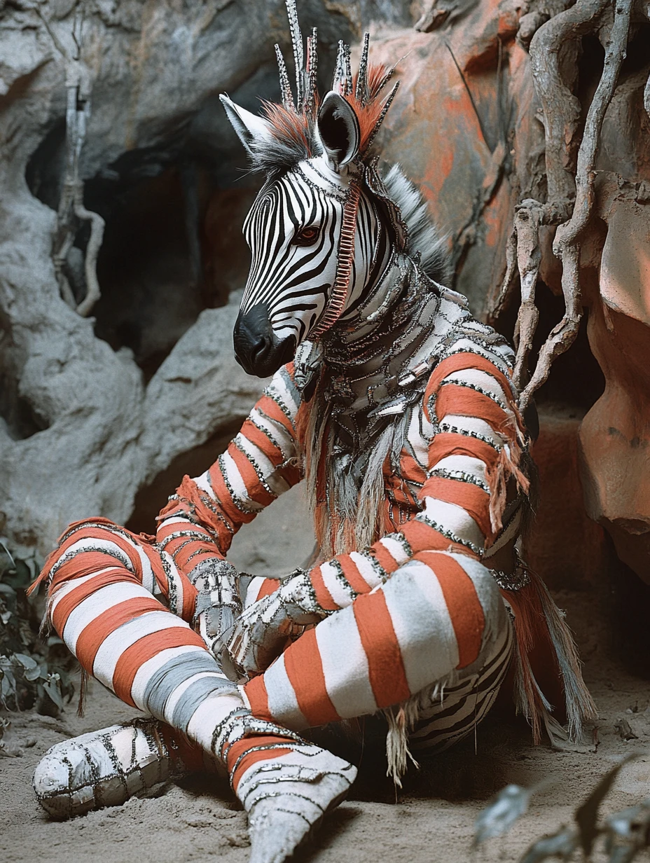 Zebra surreal com listras em zíper em estilo de filme retrô