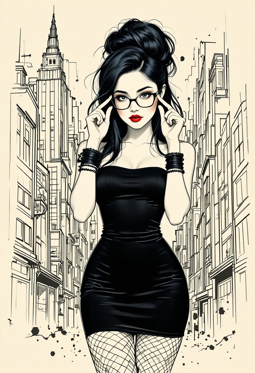 Femme élégante en robe noire sur fond de ville graphique