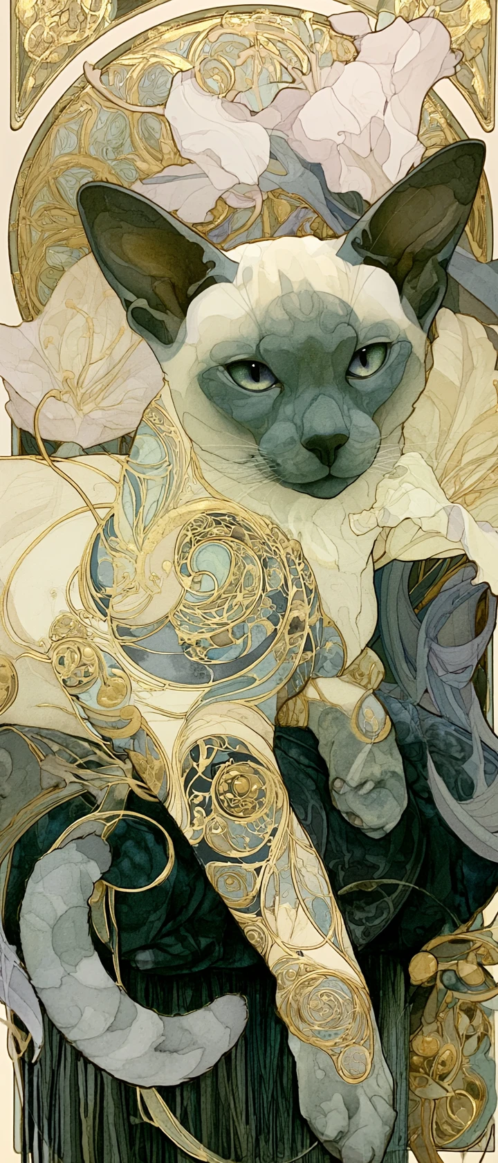 Gato siamês em almofada de veludo entre flores art nouveau