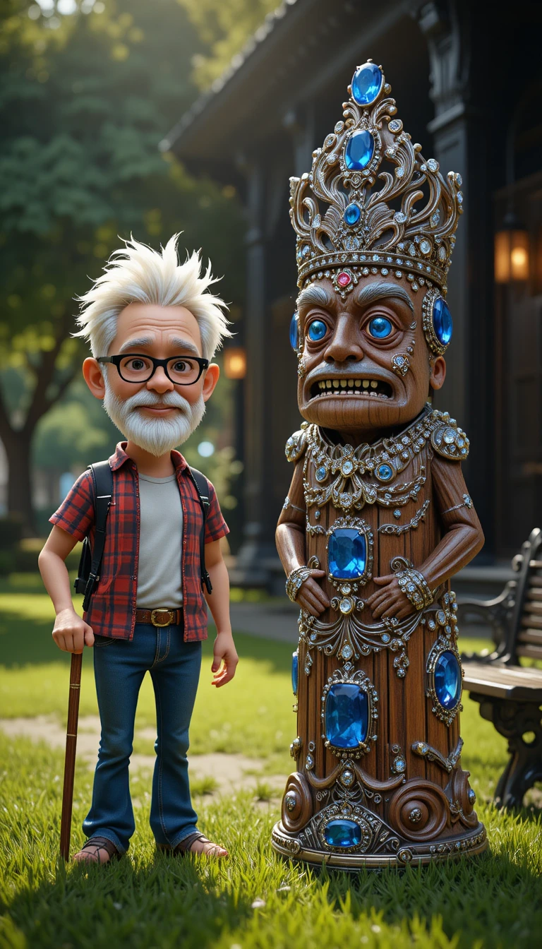 Avô e totem de madeira em um parque ensolarado
