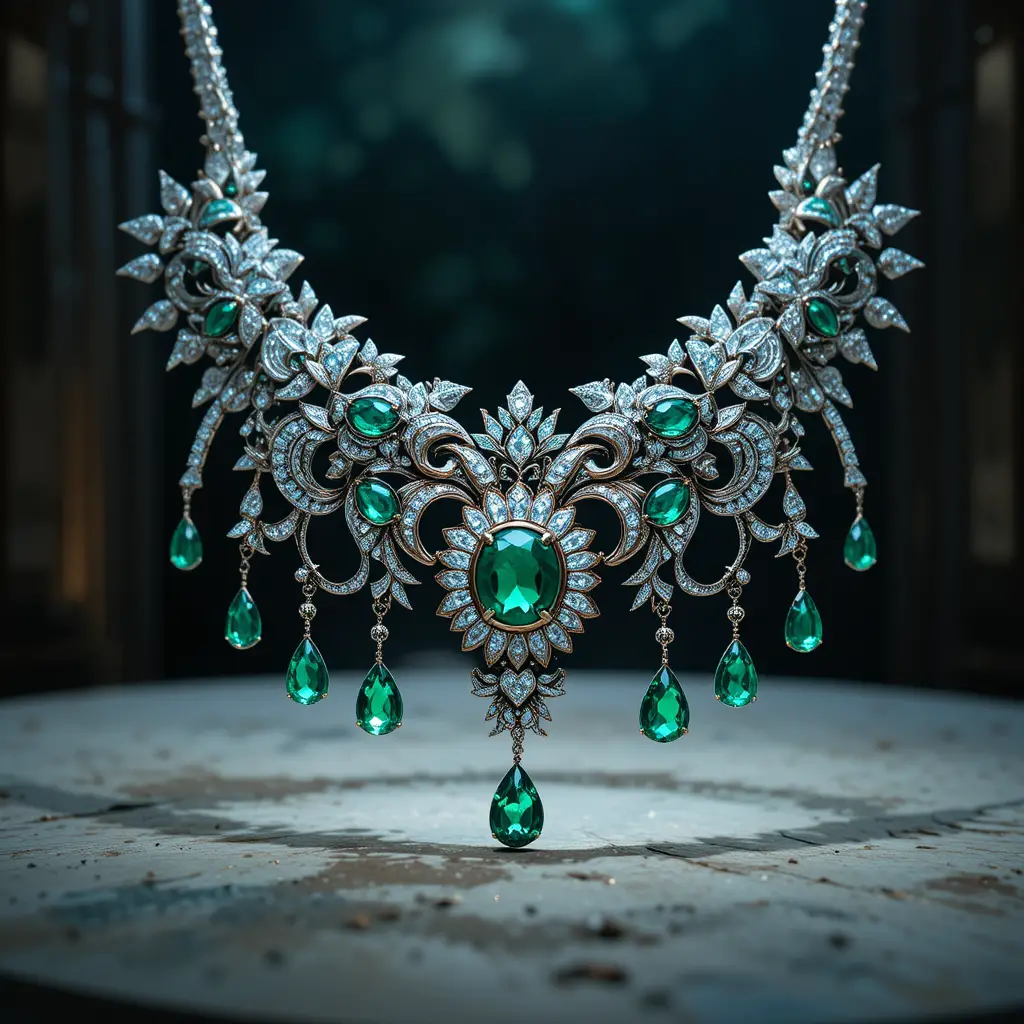 Primo piano di una raffinata collana d’argento con diamanti ed smeraldi