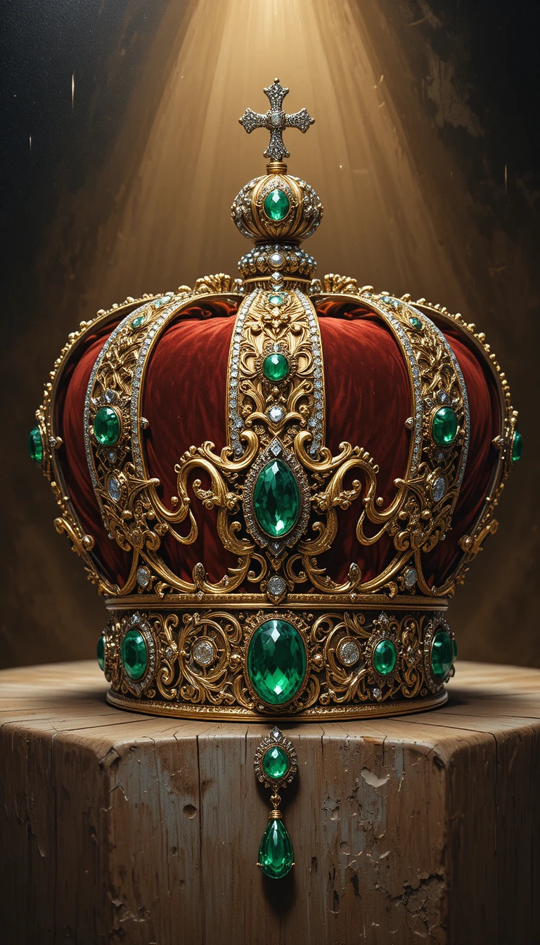 Couronne en or ornée de diamants et d’émeraudes sous les projecteurs