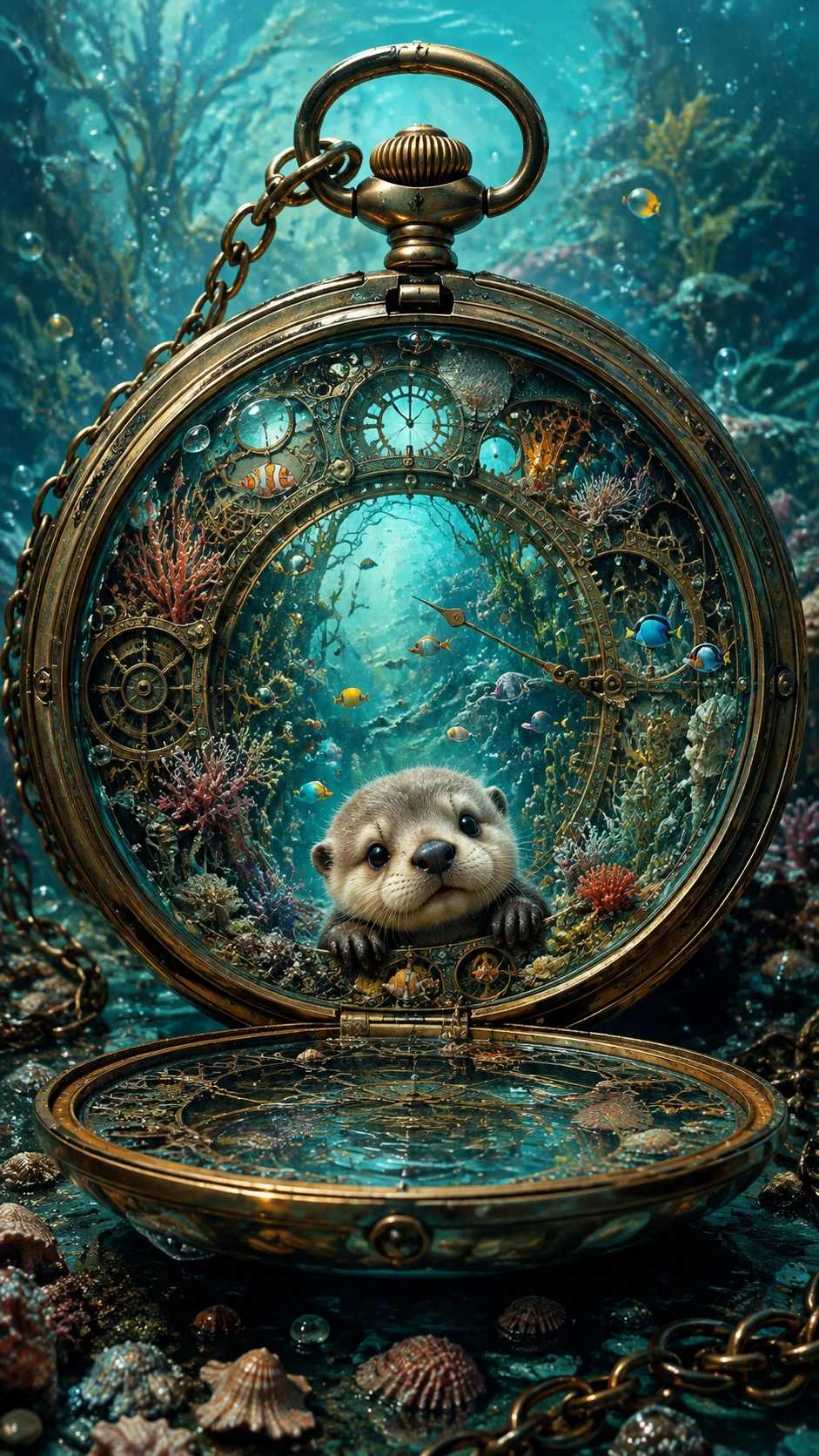 Minuscule loutre de mer dans une montre de poche steampunk sous-marine