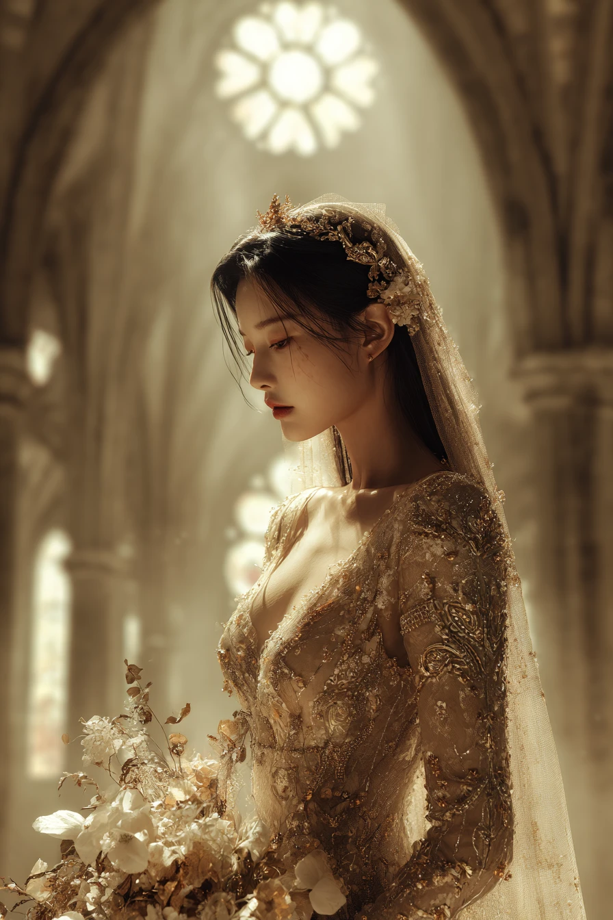 Noiva coreana de fantasia sob a luz radiante da catedral