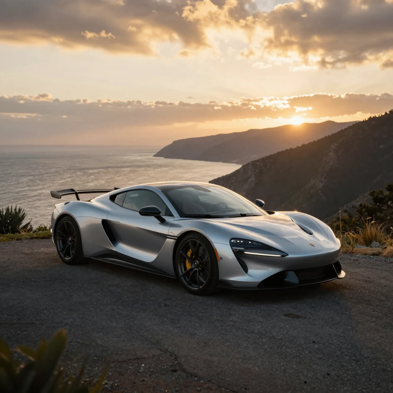 Silver hypercar on cliffside road at golden hour