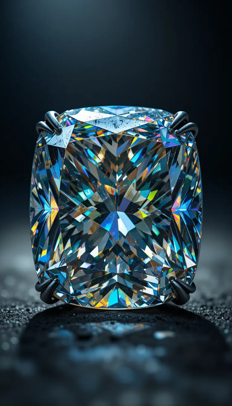 Macro close-up di diamante antico taglio cuscino in metallo scuro