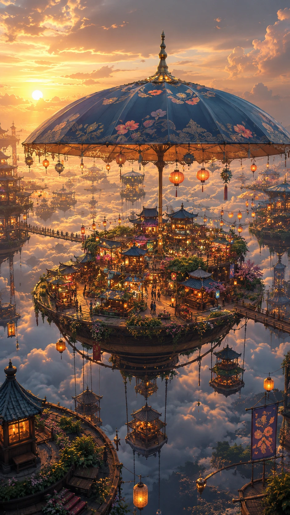 Città del Gigantesco Ombrello che Fluttua sopra le Nuvole Luminescenti al Tramonto