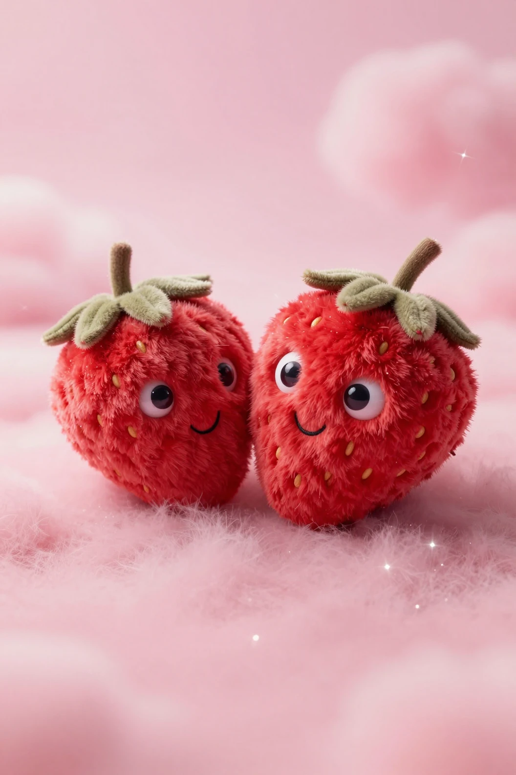 Fofos brinquedos de pelúcia de morango em fundo rosa pastel dos sonhos