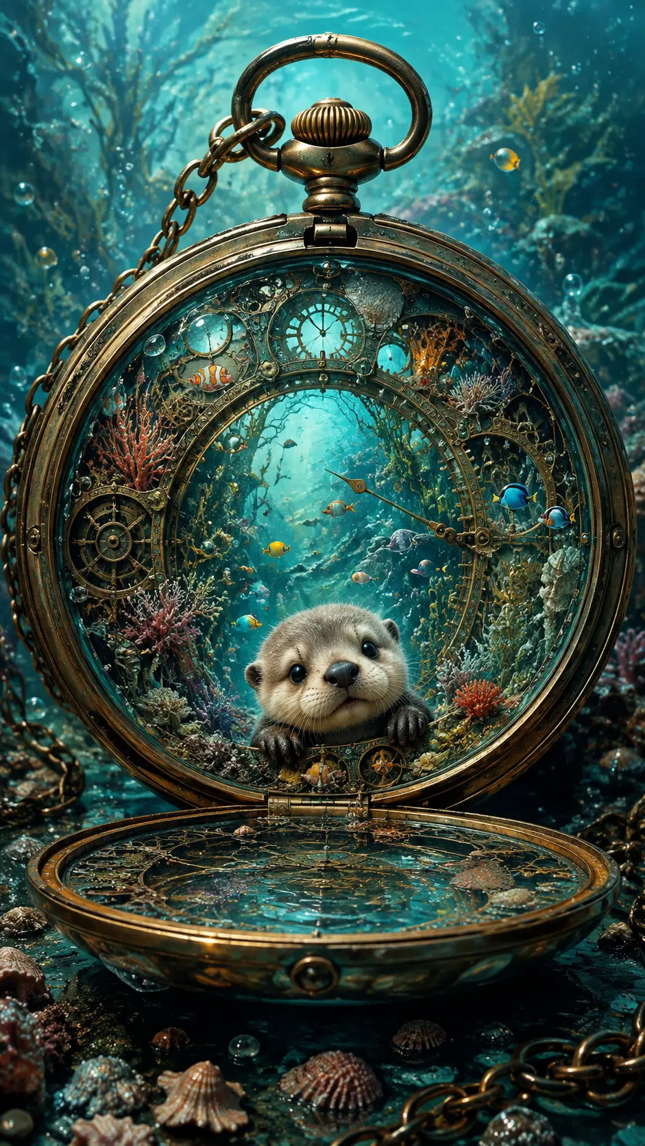 Tiny sea otter inside a steampunk underwater pocket watch