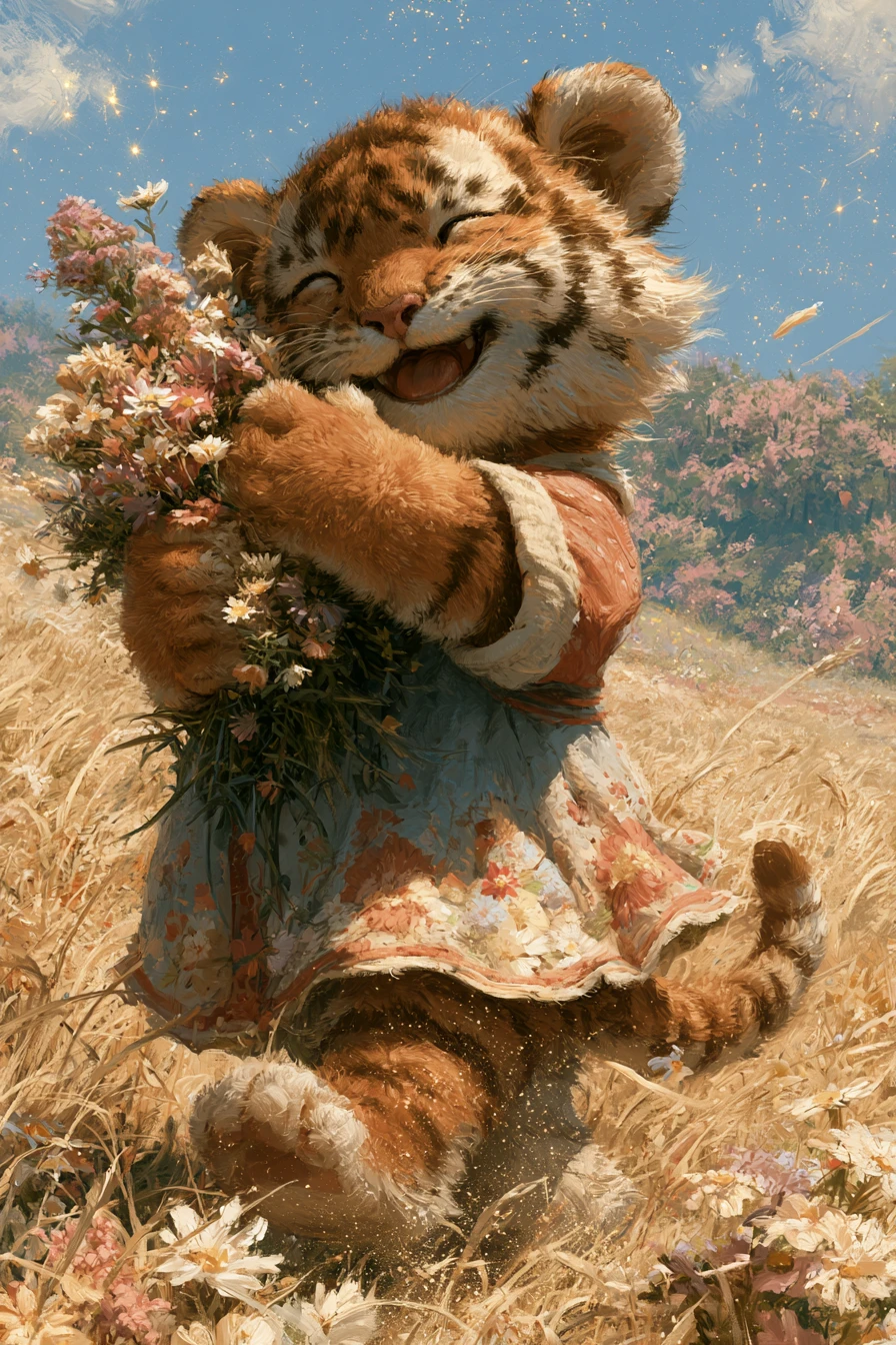 Adorable bébé tigre en robe courant dans un champ de fleurs d’été