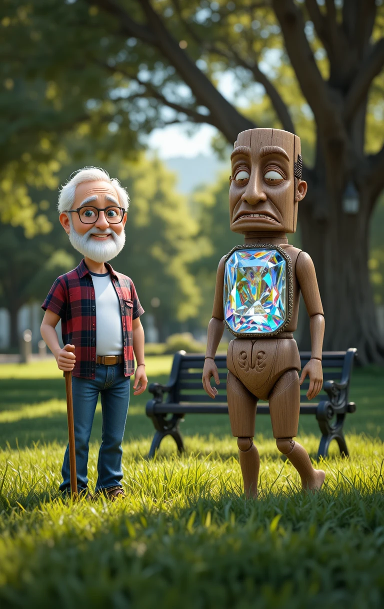 Grand-père et totem en bois dans un parc ensoleillé