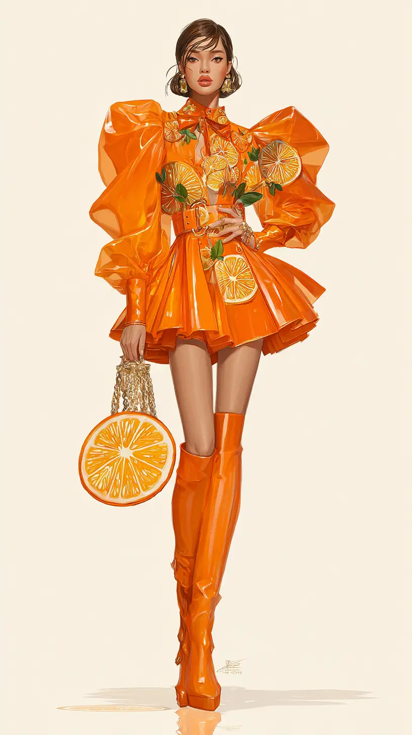 Couture fashion illustration of a woman in orange dress