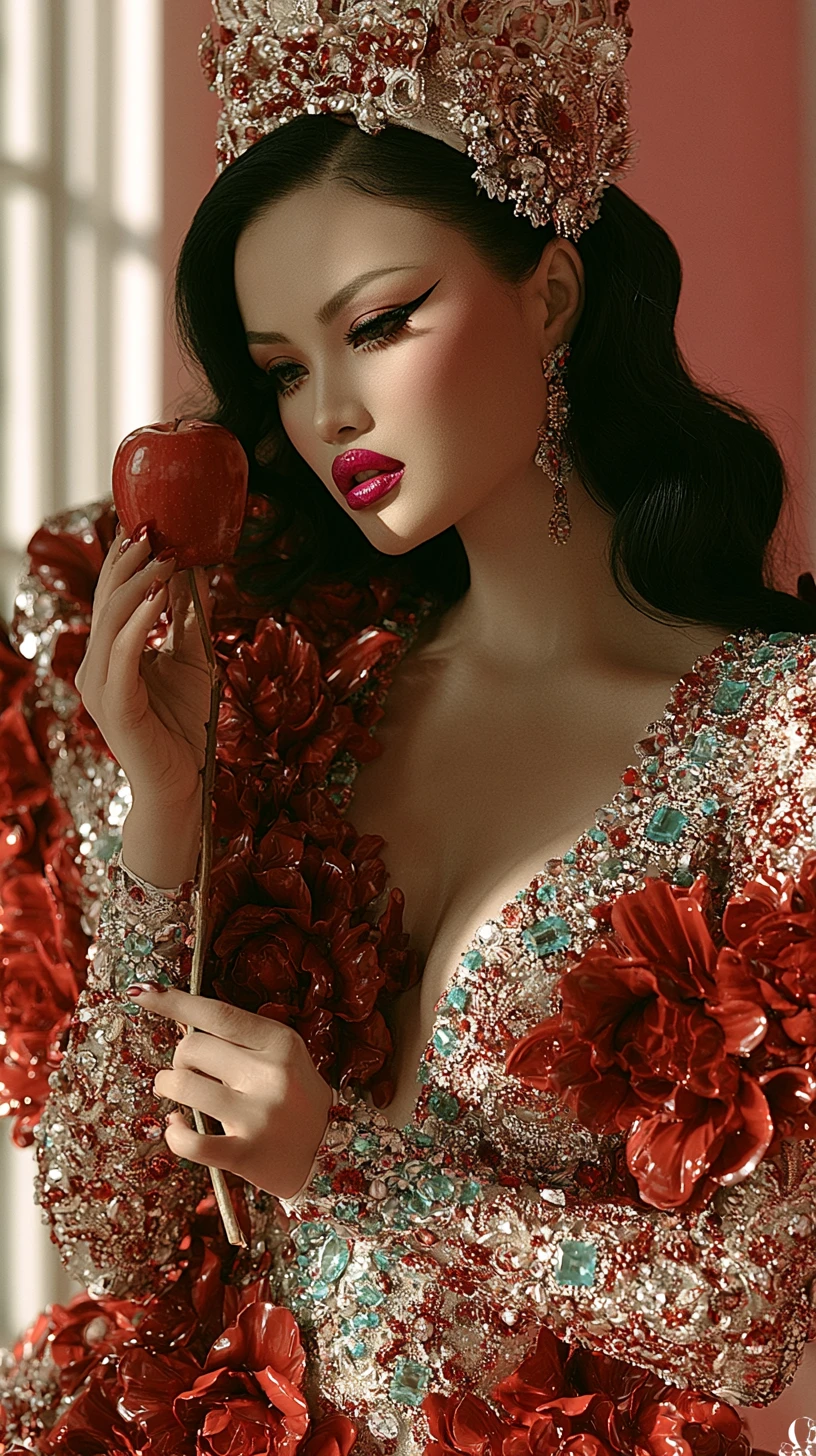 Retrato de moda surreal de uma mulher em vestido floral ornamentado