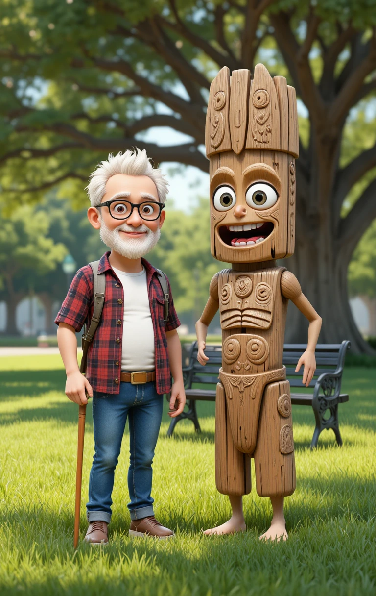 Grandfather And Wooden Totem In Sunny 3D Park Scene