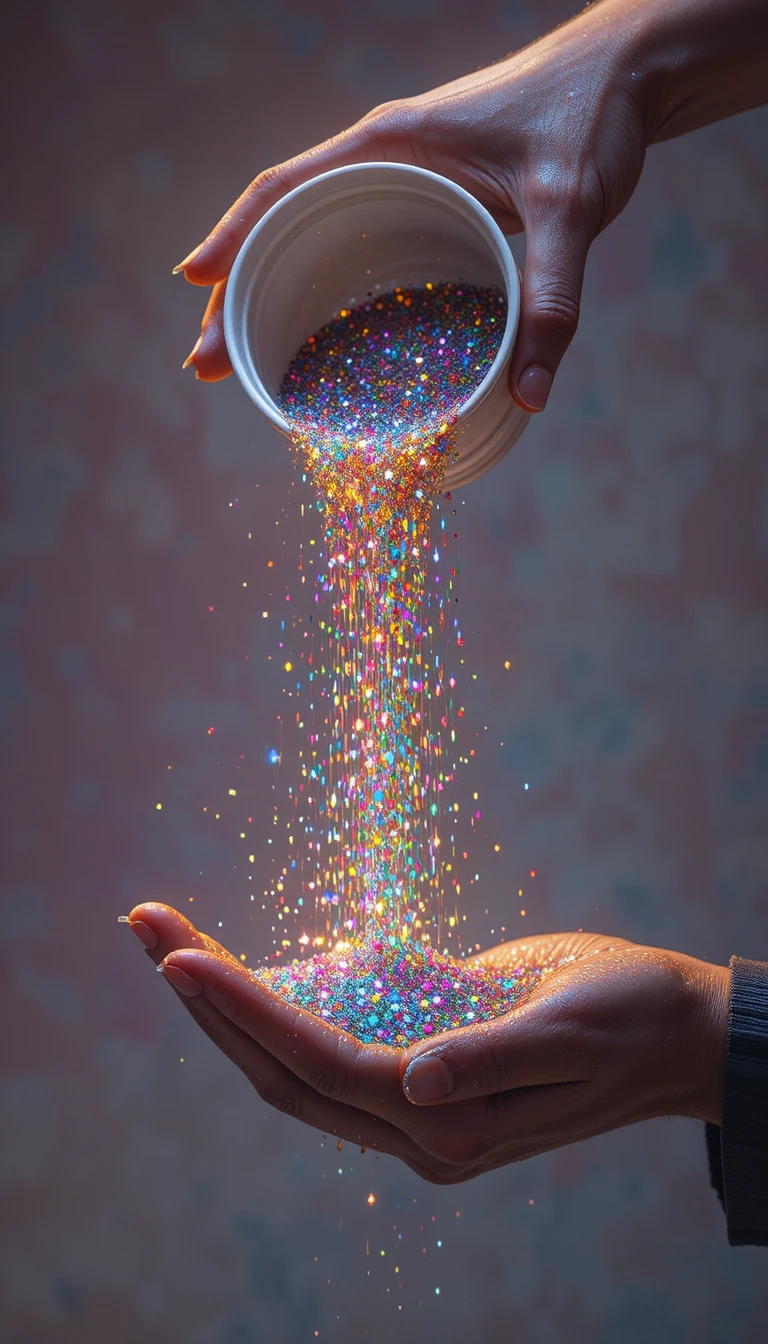 Gros plan de paillettes s’écoulant entre des mains en coupe